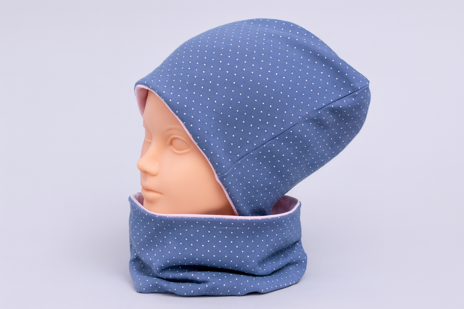 Kinder Beanie & Loop Set blau mit weißen Punkten – Baumwolljersey (3–5 Jahre)