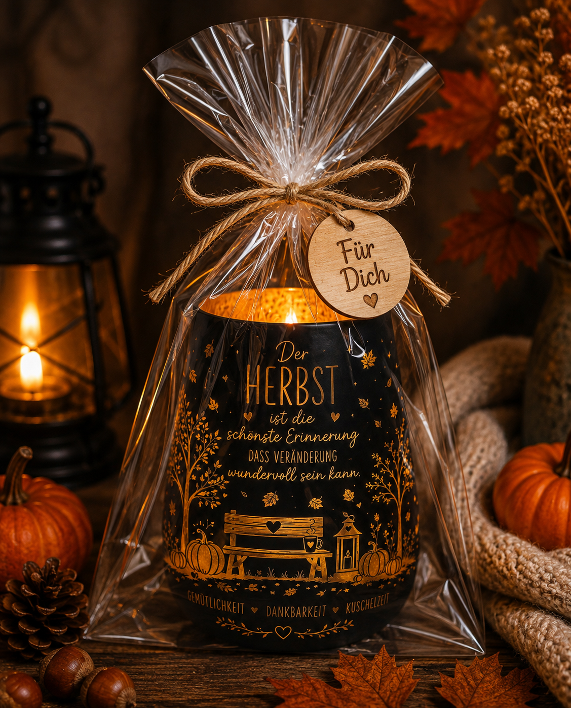 Windlicht Herbst mit Spruch – Herbstdeko Schwarz oder Weiß