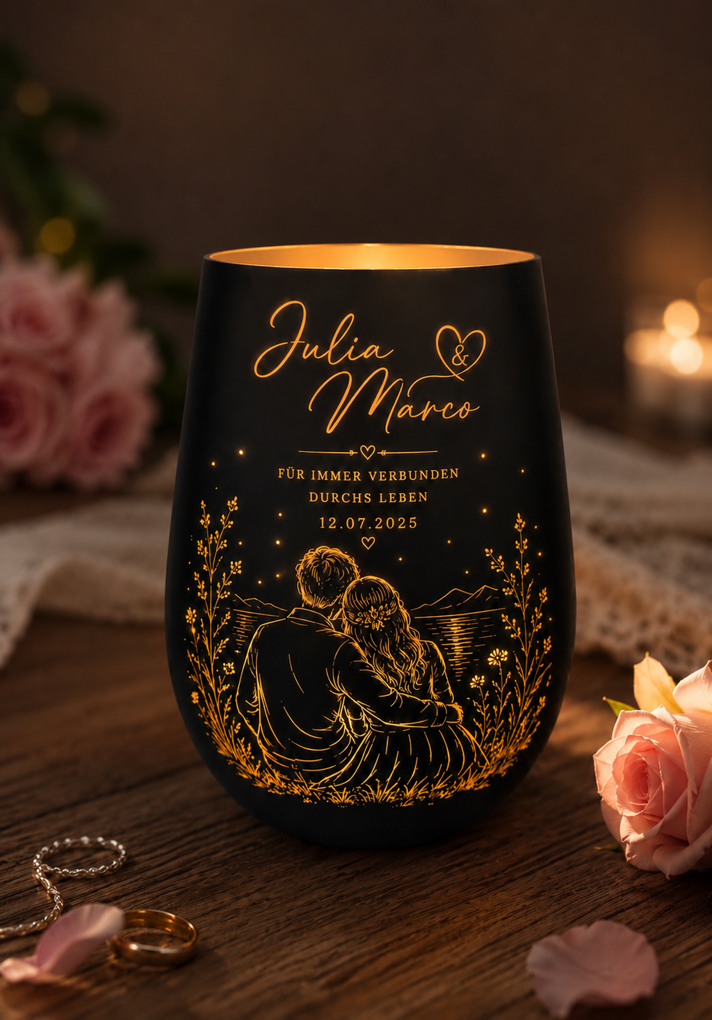 Personalisiertes Windlicht Hochzeit mit Namen & Datum | Hochzeitsgeschenk | Jahrestag Geschenk | Matt Schwarz oder Weiß