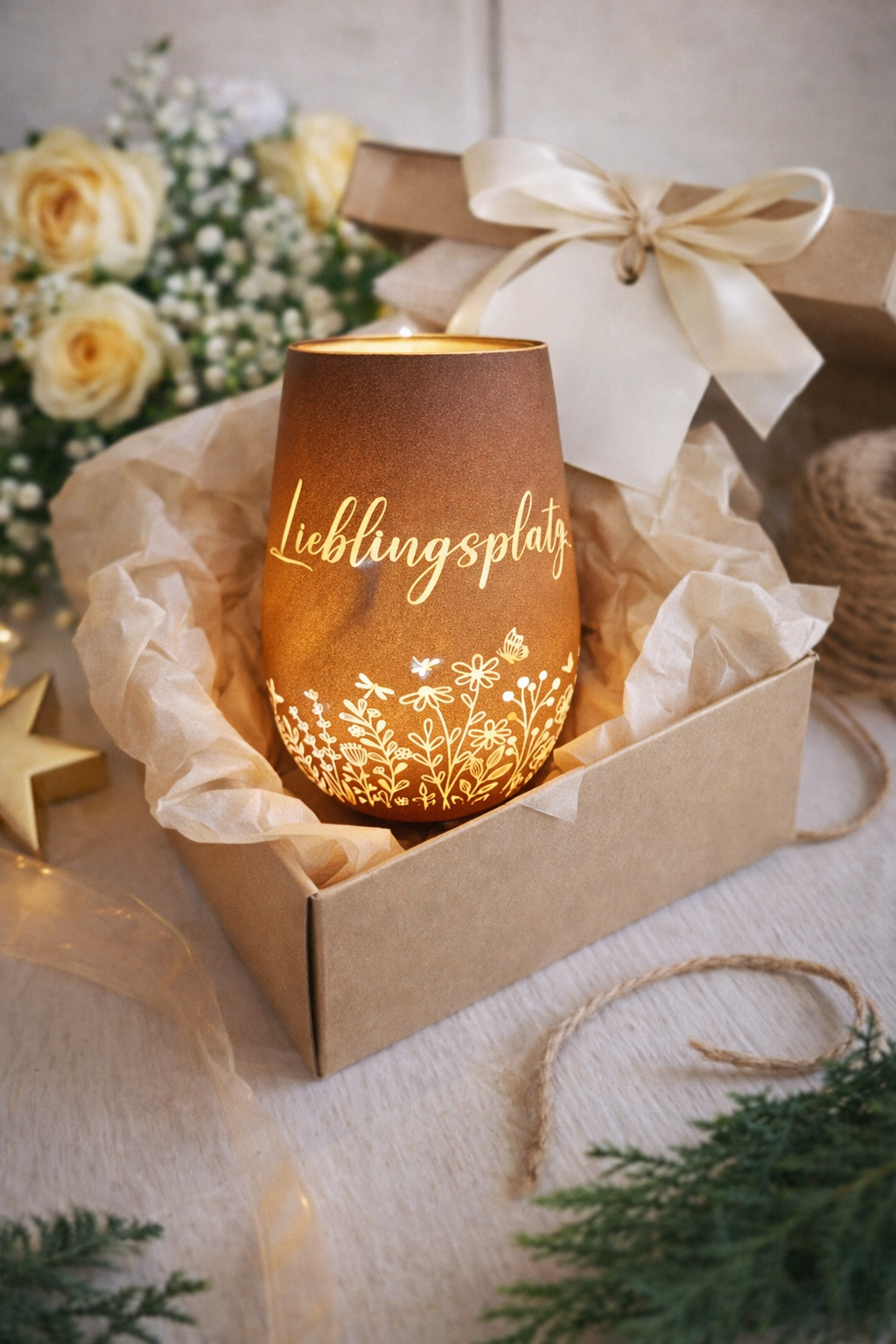 Windlicht Lieblingsplatz – Blumenmotiv, 12 cm, Weiß & Bronze