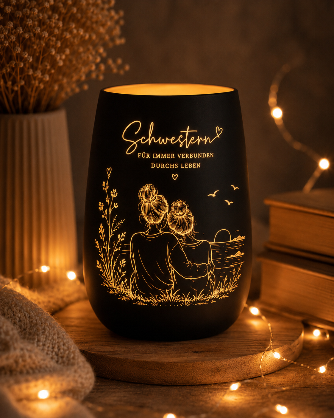 Personalisiertes Windlicht für Schwester – Geschenk zum Geburtstag | Schwester Geschenk | Für immer verbunden | Teelichthalter Glas