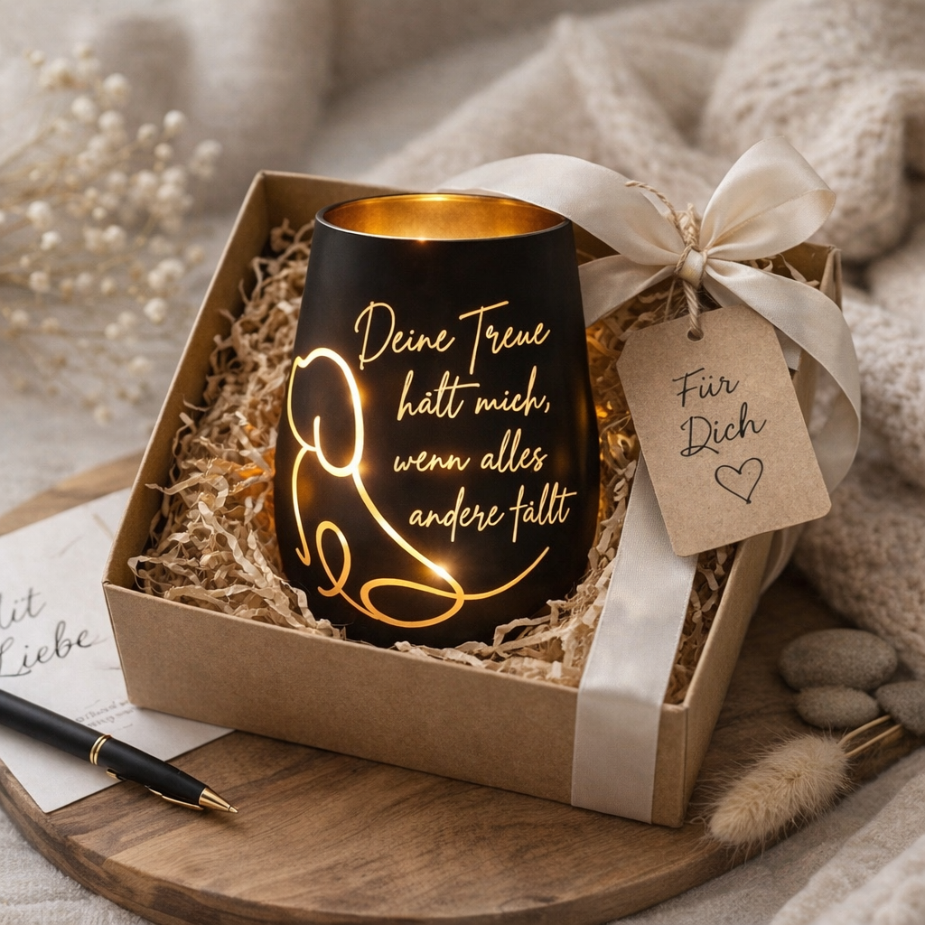 Windlicht „Deine Treue“ – Glaswindlicht Schwarz/Bronze