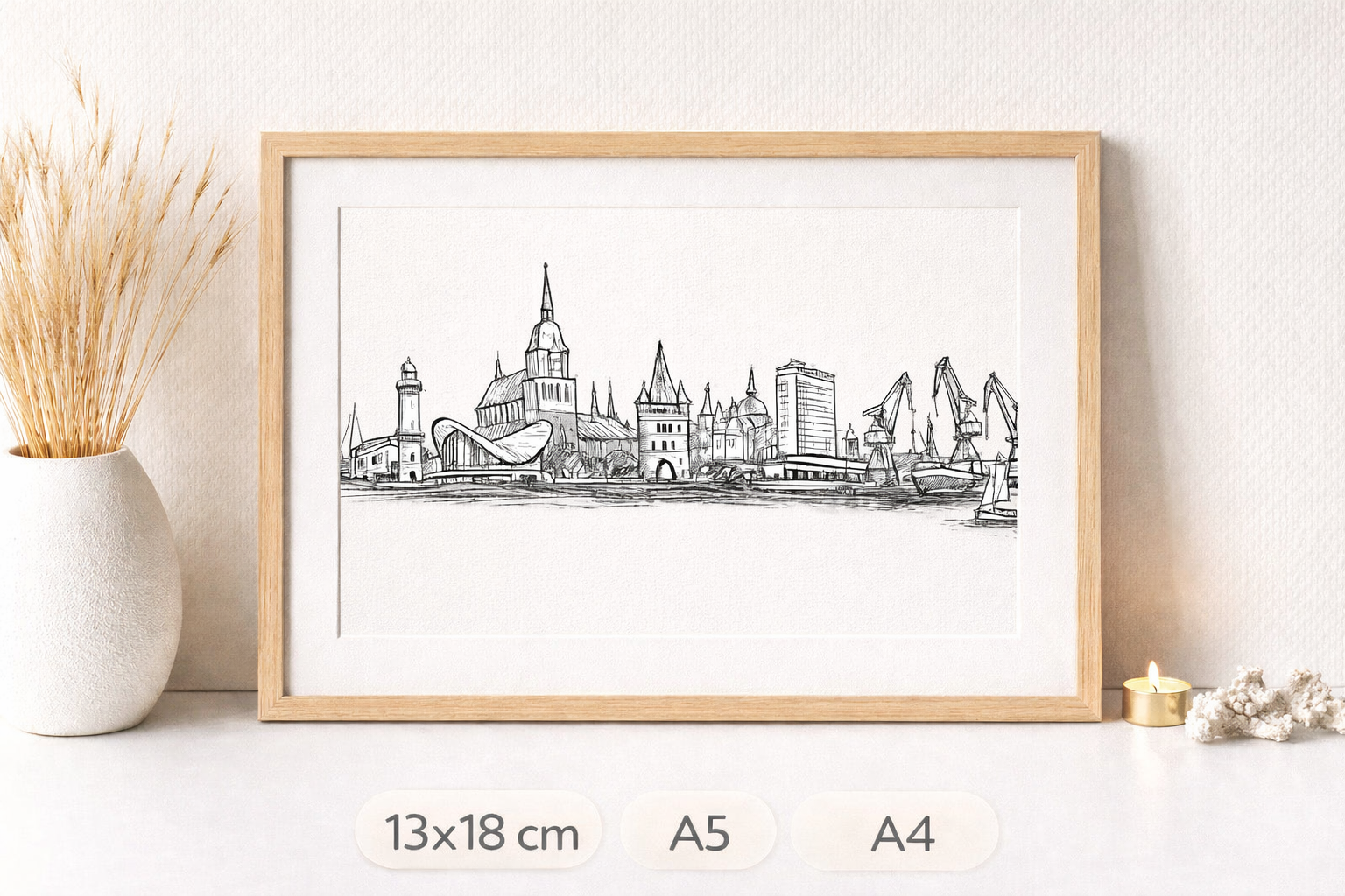 Rostocker Skyline Bleistiftzeichnung Druck – Hafen & Architektur Illustration auf Aquarellpapier | Panorama Wandkunst