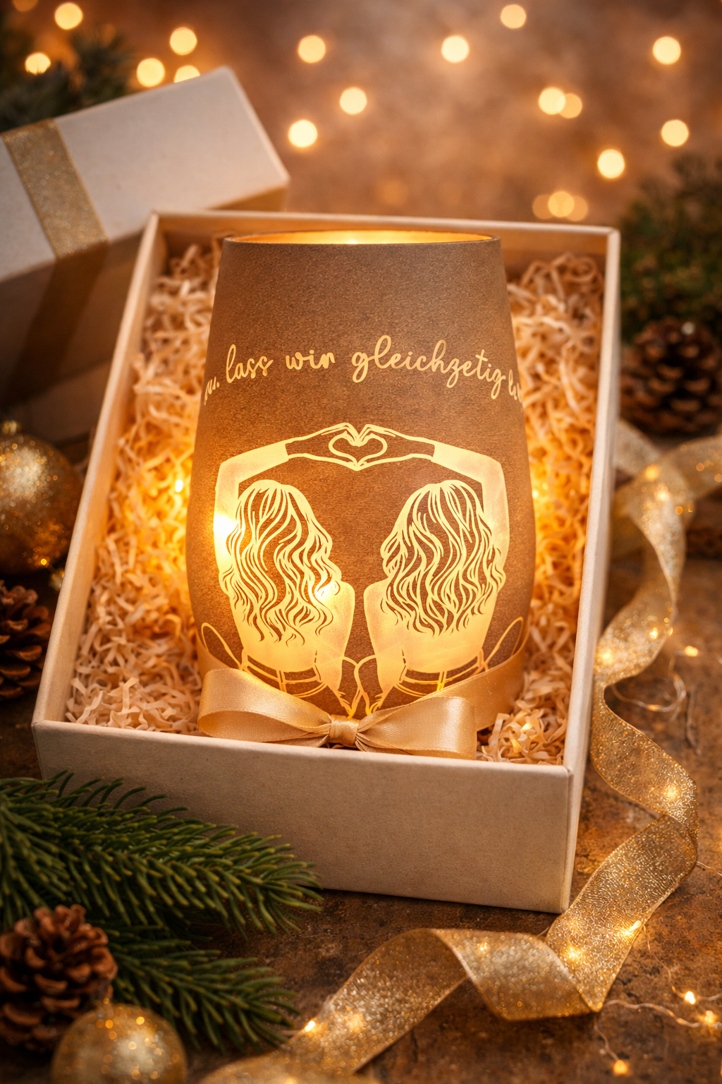 Windlicht Beste Freundinnen – Geschenkidee, 12 cm, Weiß & Bronze