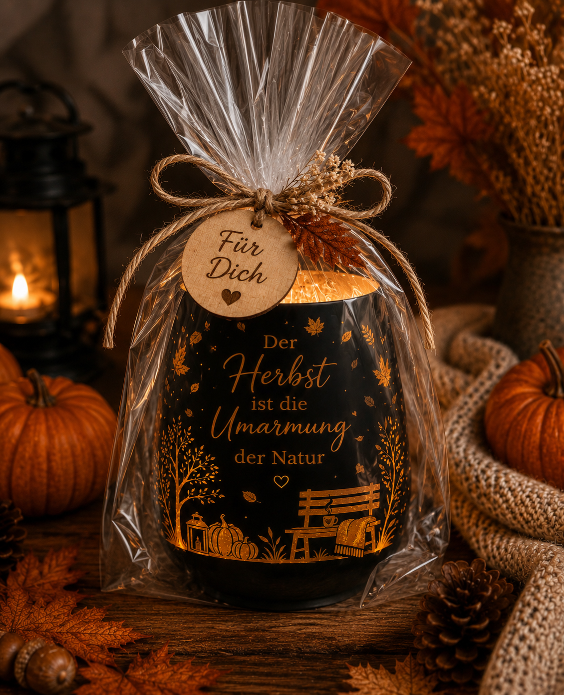 Windlicht Herbst „Umarmung der Natur“ | Herbstdeko mit Spruch | Schwarz oder Weiß