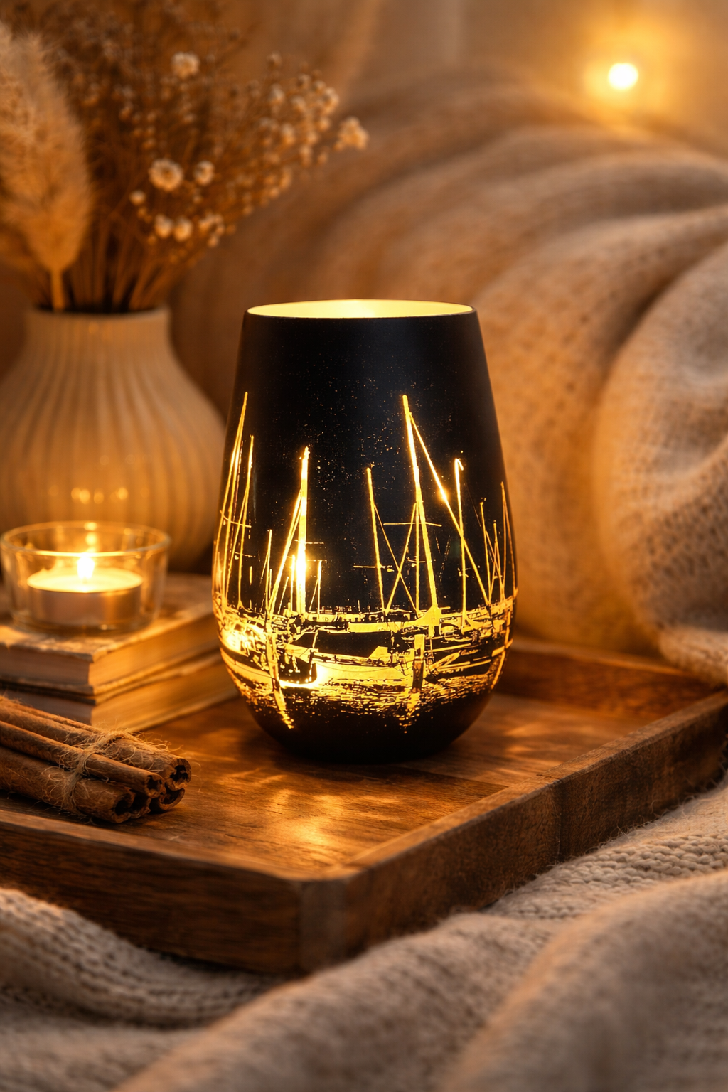 Windlicht Segelboote im Hafen – Schwarzes Teelicht mit Bronze-Innenfläche | 12 cm