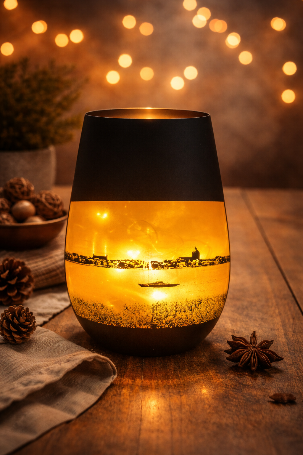 Windlicht Ribnitz Silhouette – Schwarzes Teelicht mit Bronze-Innenfläche | 12 cm