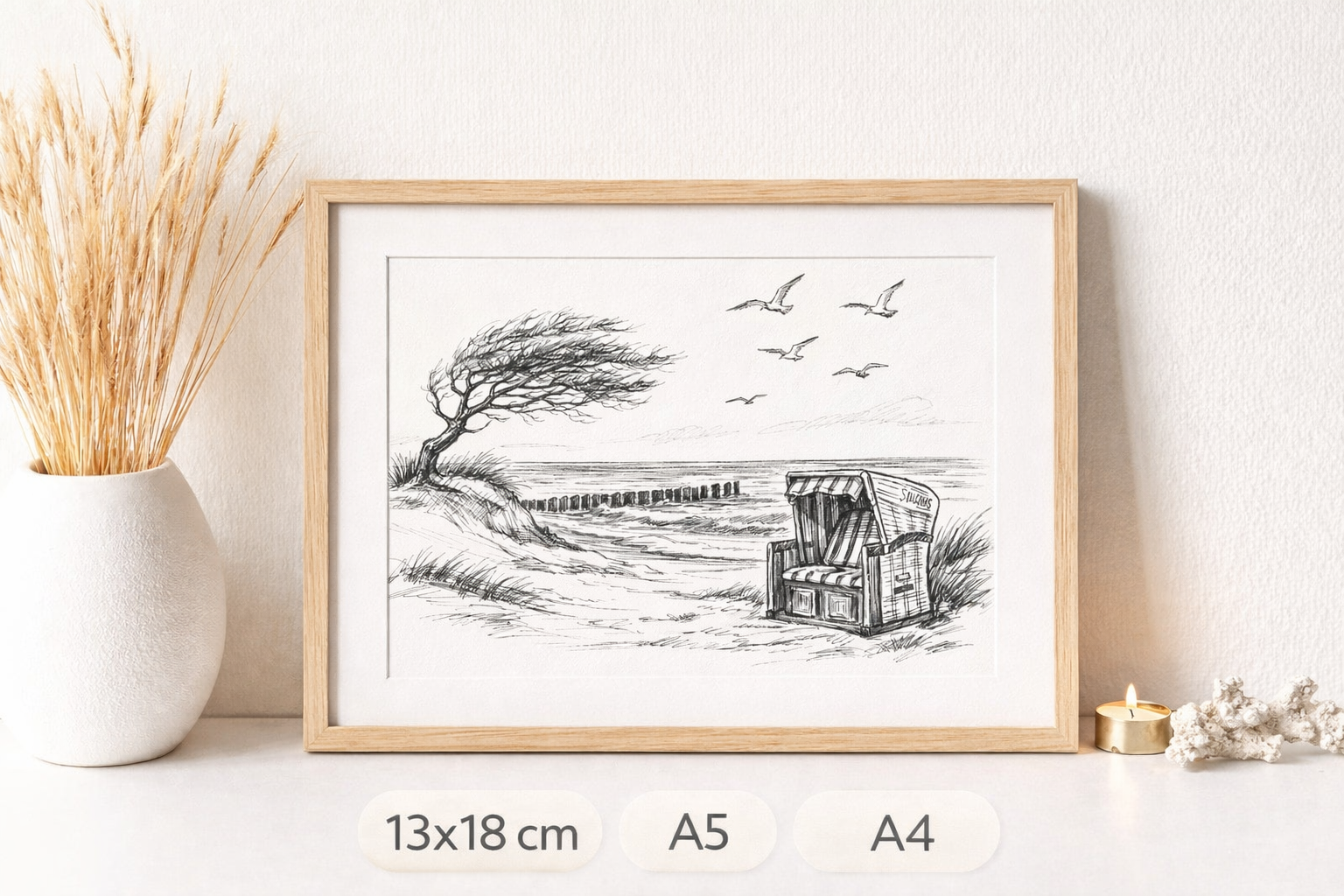 Strand Bleistiftzeichnung Druck – Küstenmotiv mit Strandkorb & Möwen auf Aquarellpapier | Wandkunst Poster