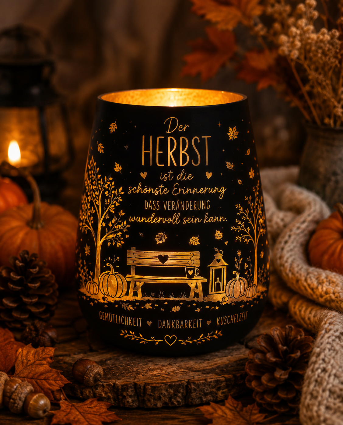 Windlicht Herbst mit Spruch – Herbstdeko Schwarz oder Weiß