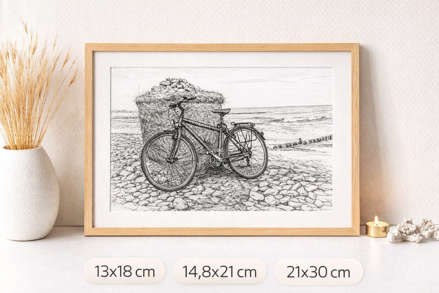 Fahrrad am Strand – Bleistiftkunst Druck auf 300g Aquarellpapier | Wandbild in verschiedenen Größen