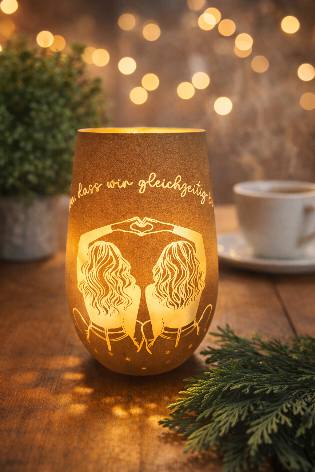 Windlicht Beste Freundinnen – Geschenkidee, 12 cm, Weiß & Bronze