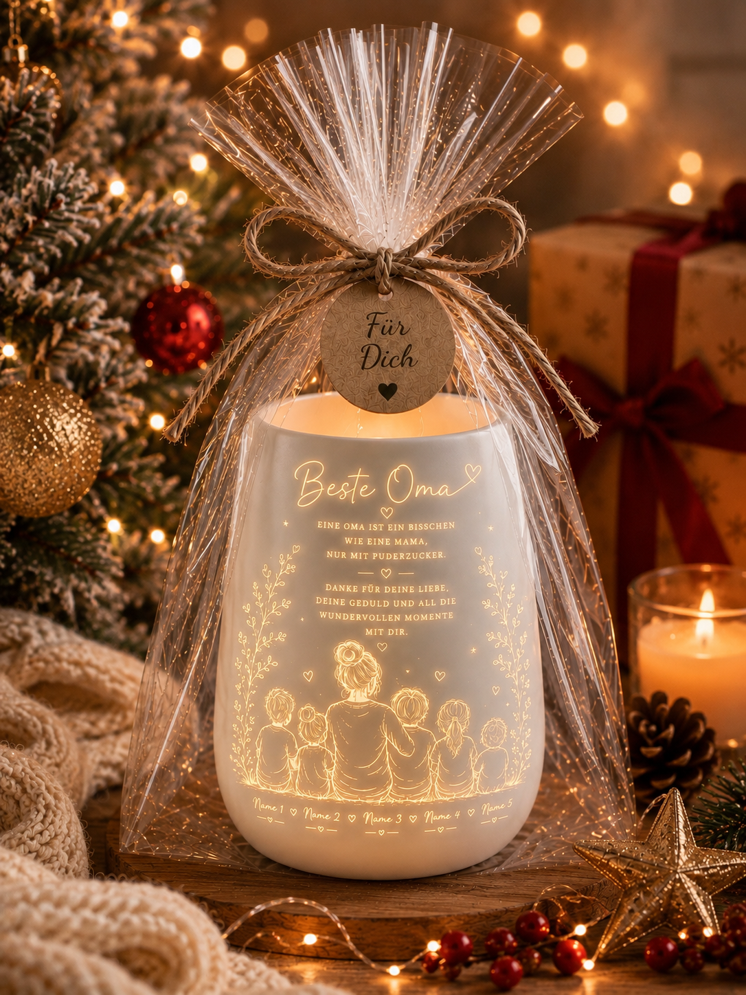 Weihnachtsgeschenk Oma – personalisiertes Windlicht mit Enkelkindern | Geschenk für Oma Weihnachten | Beste Oma Geschenk
