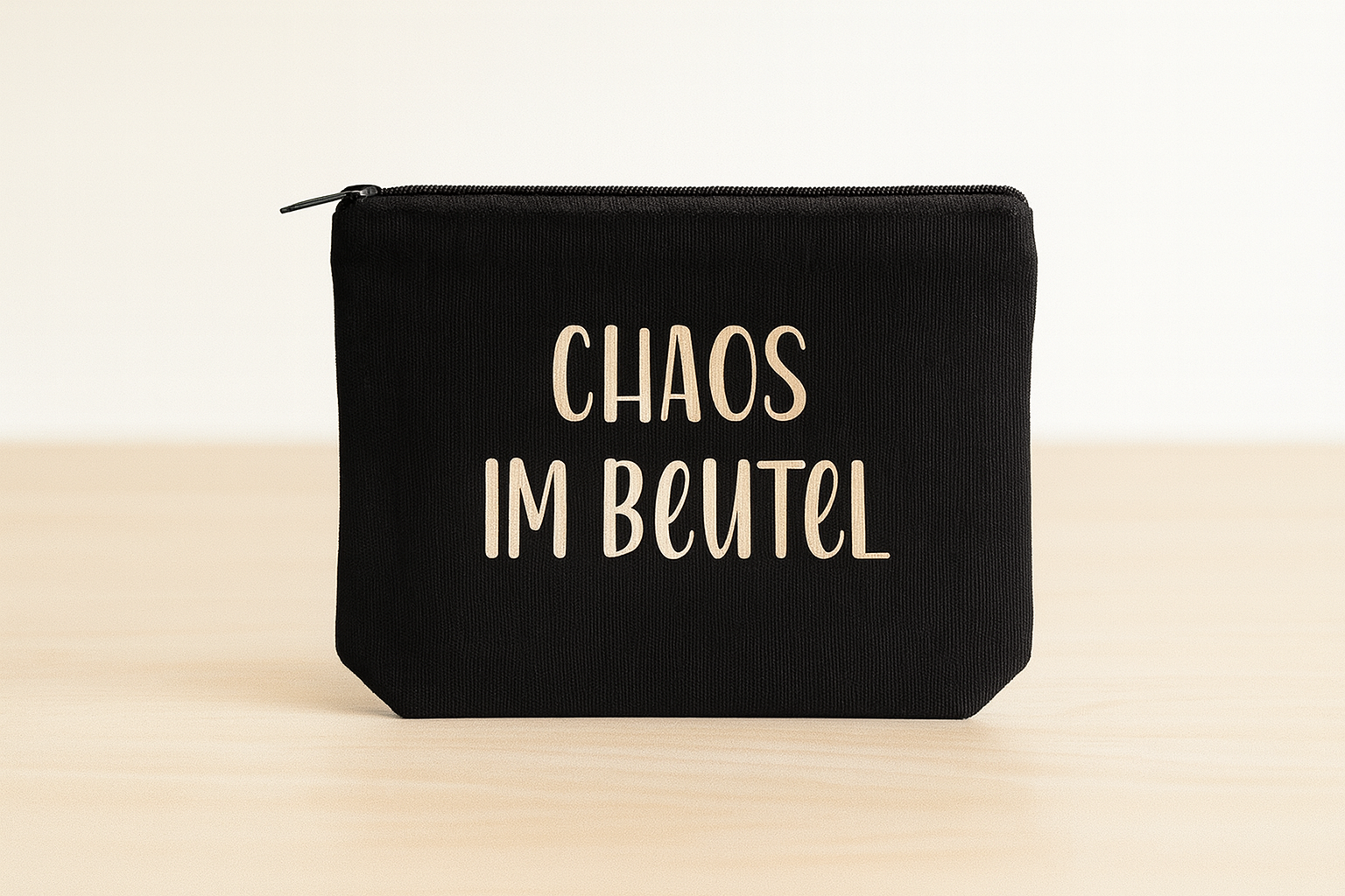 Kosmetiktasche „Chaos im Beutel“ – Schminktäschchen 21x12 cm, Polyester, Schwarz