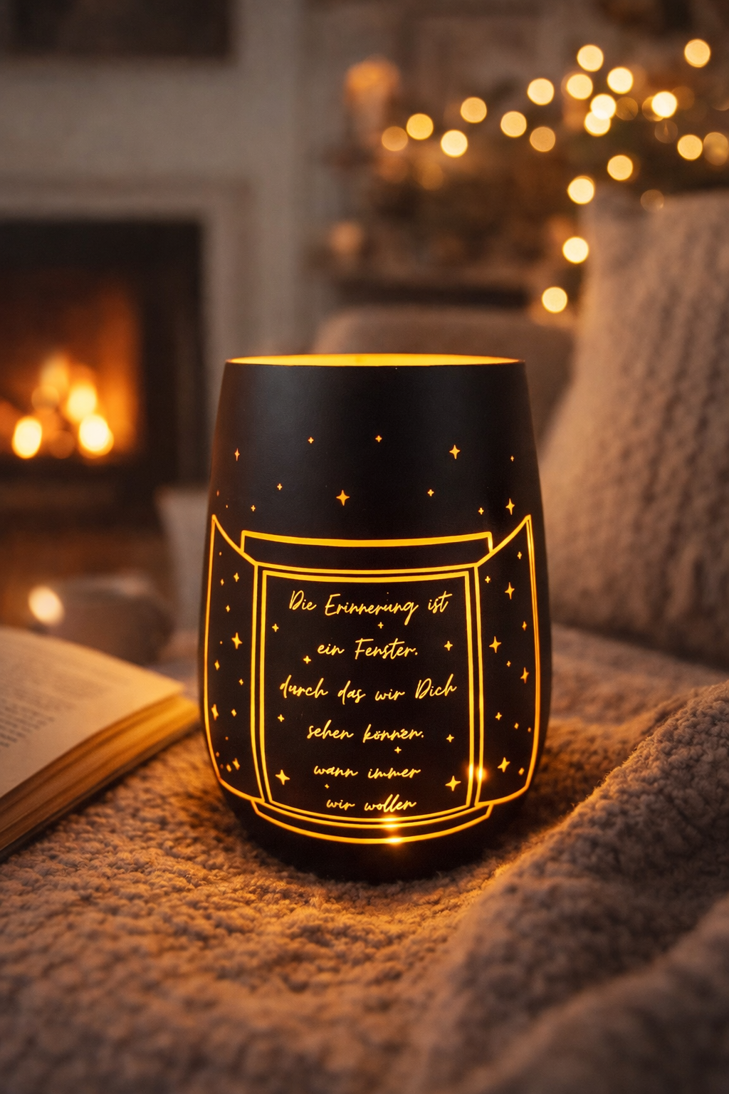Trauerwindlicht aus Glas mit Spruch – Gedenklicht Erinnerung Schwarz Bronze 12 cm