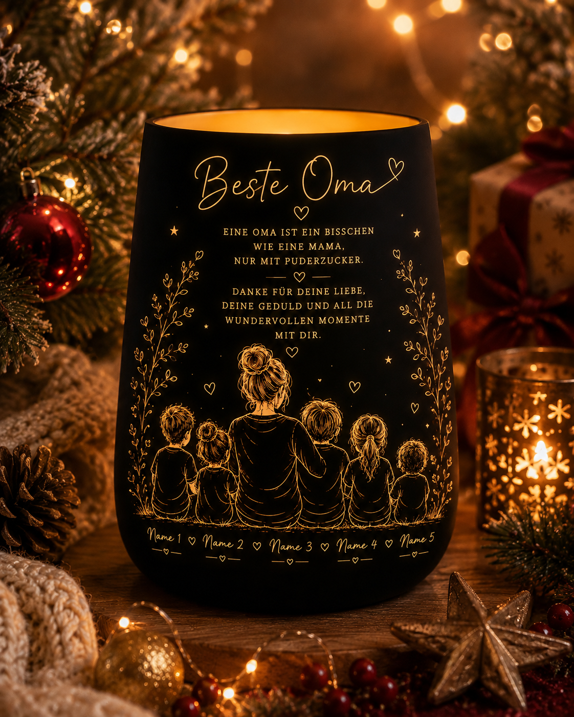 Weihnachtsgeschenk Oma – personalisiertes Windlicht mit Enkelkindern | Geschenk für Oma Weihnachten | Beste Oma Geschenk