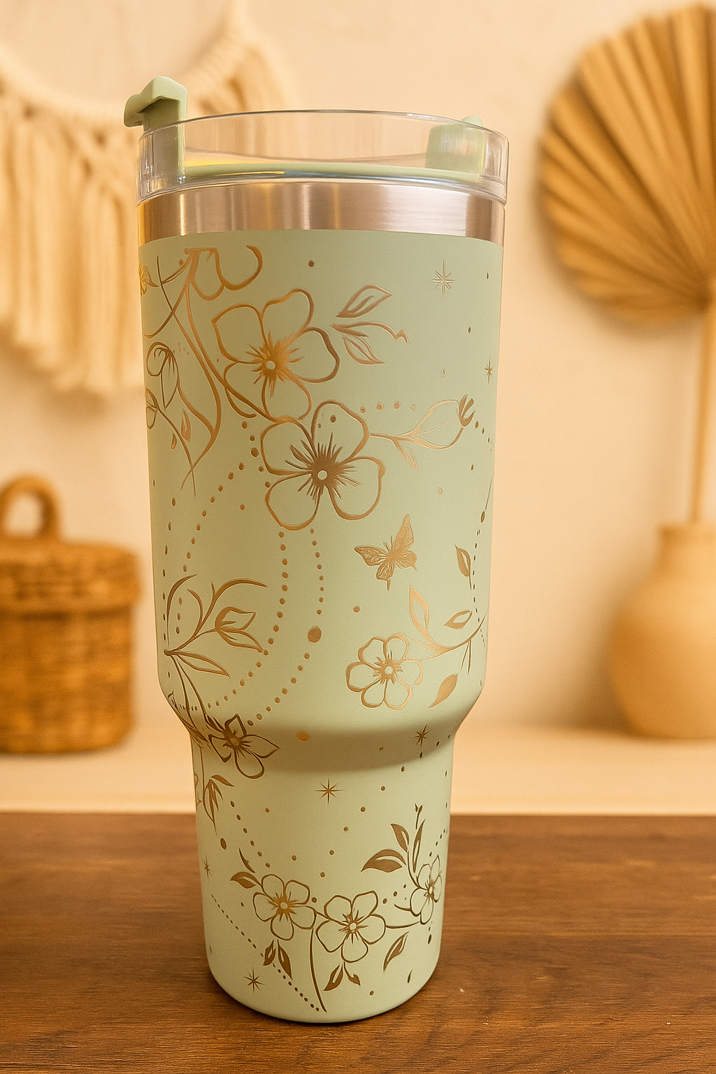 Trinkbecher mit Blumenmuster – 1,2 L Thermobecher mit Deckel & Strohhalm
