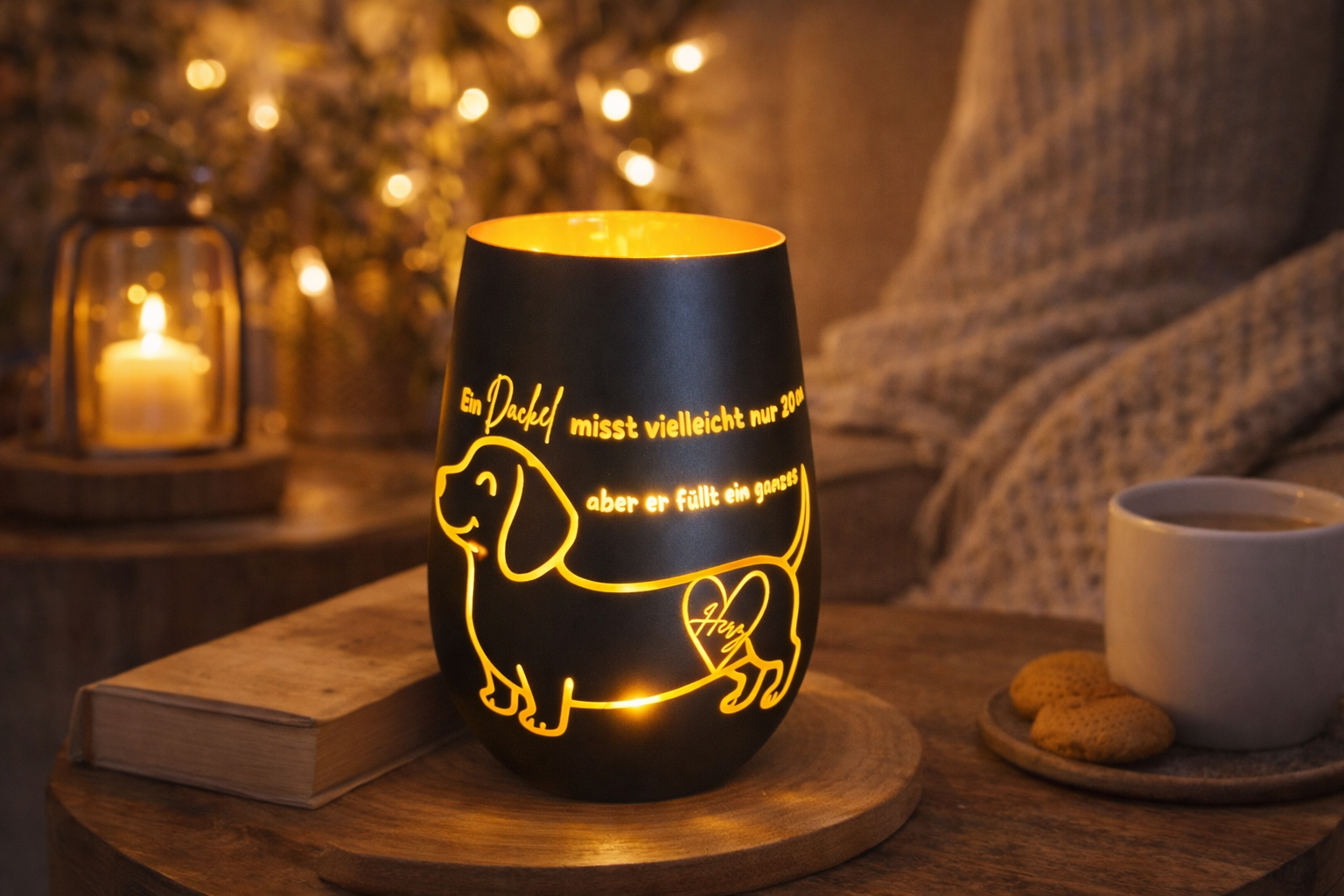 Windlicht Dackel – Echtglas Schwarz/Bronze 12 cm