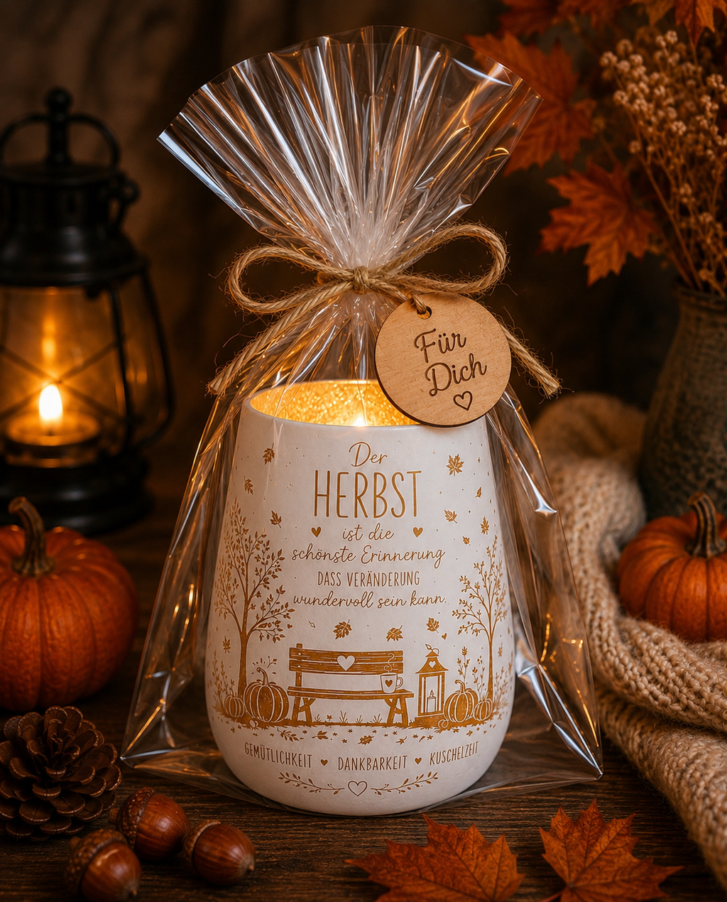 Windlicht Herbst mit Spruch – Herbstdeko Schwarz oder Weiß