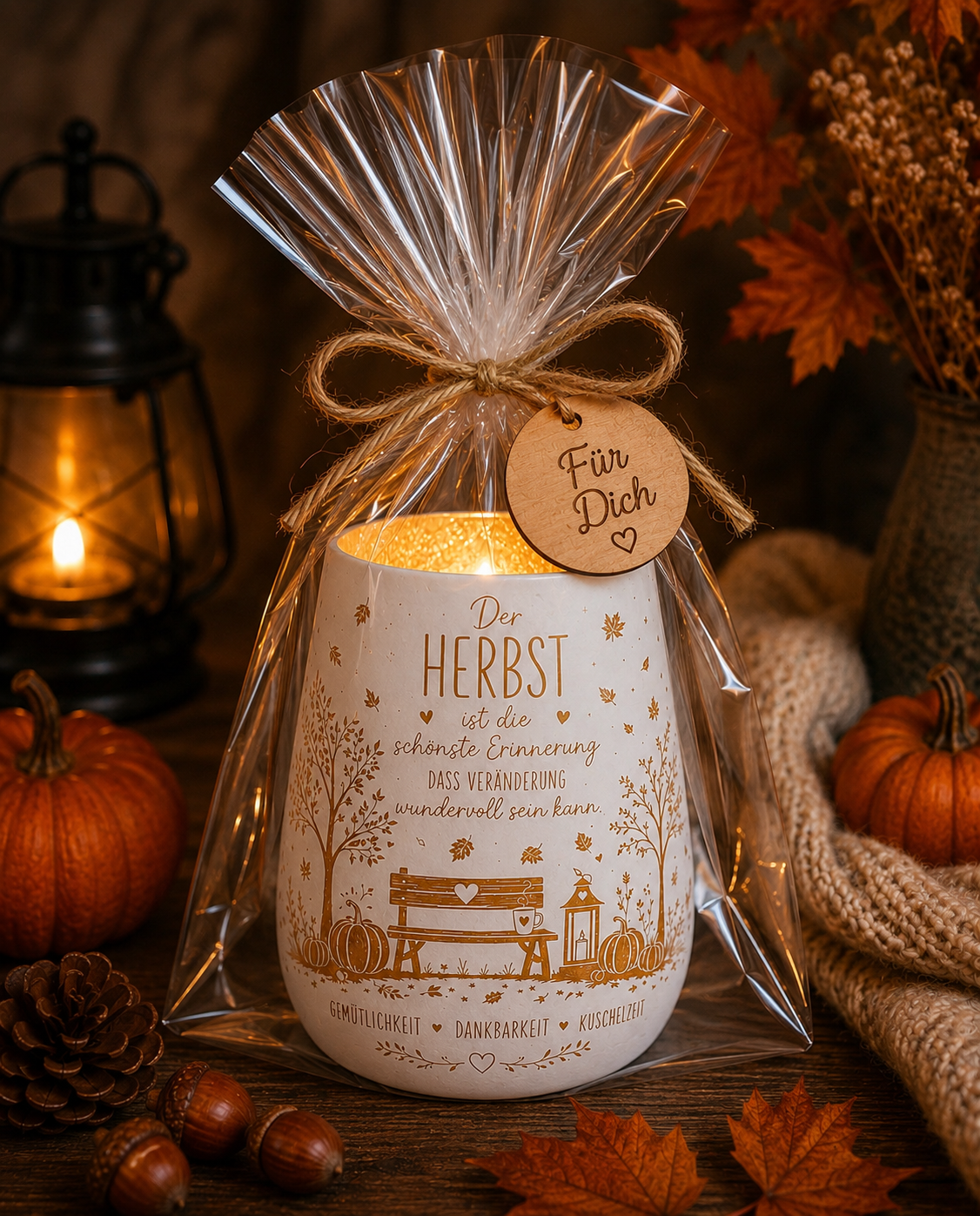 Windlicht Herbst mit Spruch – Herbstdeko Schwarz oder Weiß