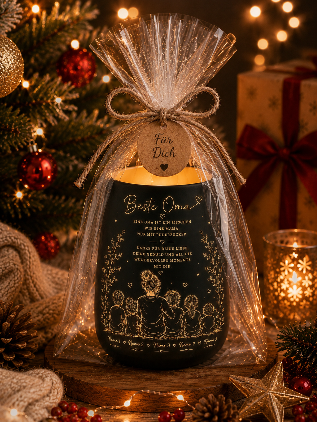 Weihnachtsgeschenk Oma – personalisiertes Windlicht mit Enkelkindern | Geschenk für Oma Weihnachten | Beste Oma Geschenk