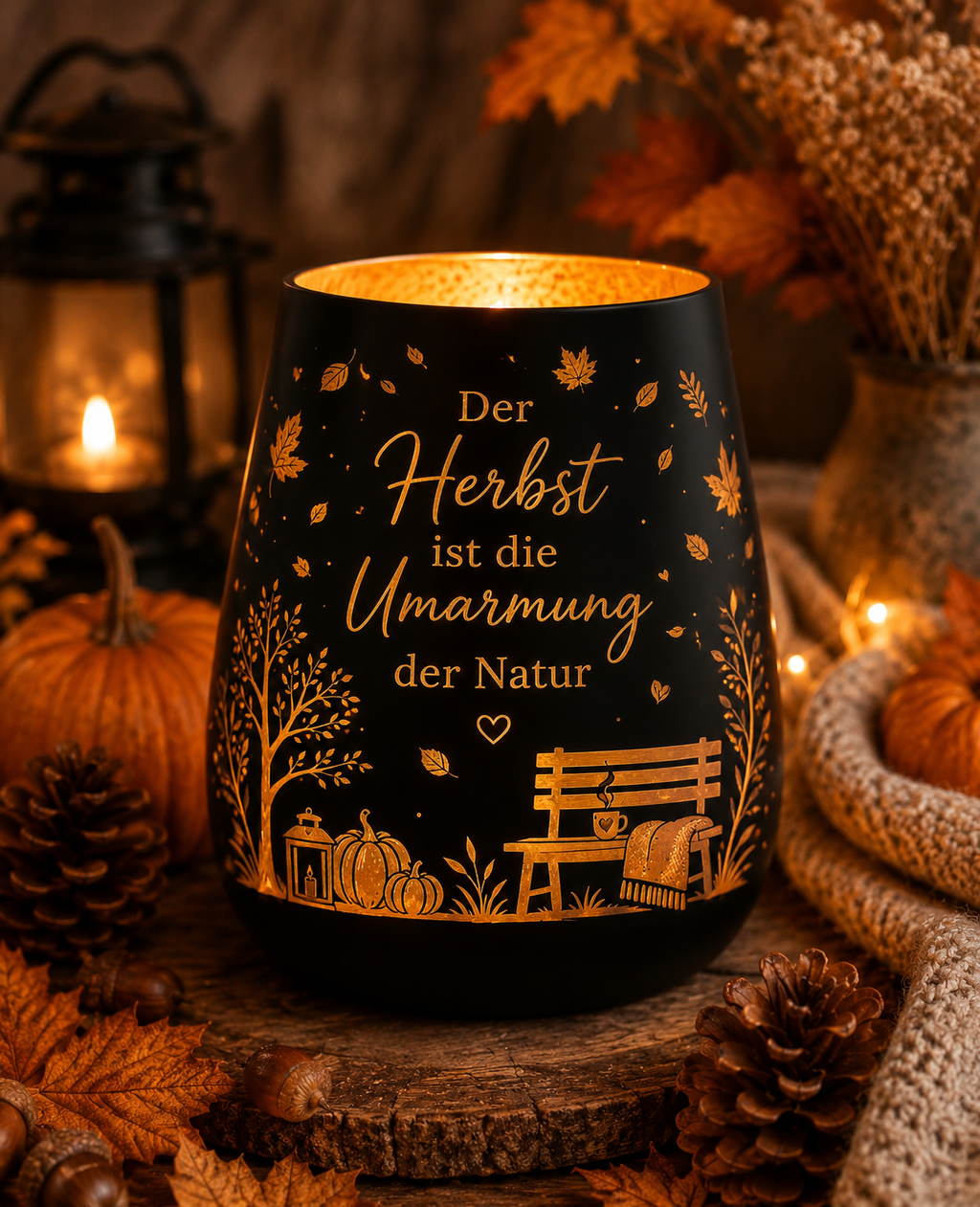 Windlicht Herbst „Umarmung der Natur“ | Herbstdeko mit Spruch | Schwarz oder Weiß