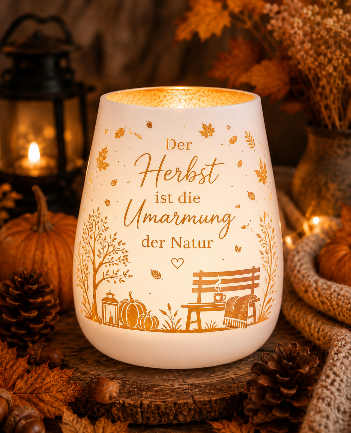 Windlicht Herbst „Umarmung der Natur“ | Herbstdeko mit Spruch | Schwarz oder Weiß