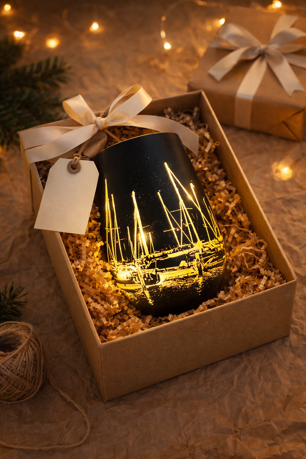 Windlicht Segelboote im Hafen – Schwarzes Teelicht mit Bronze-Innenfläche | 12 cm