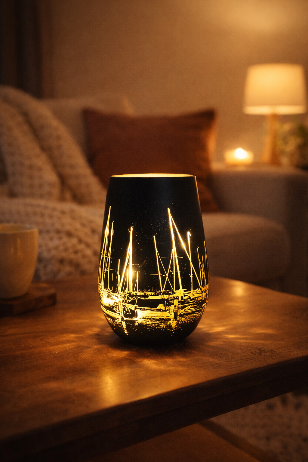Windlicht Segelboote im Hafen – Schwarzes Teelicht mit Bronze-Innenfläche | 12 cm