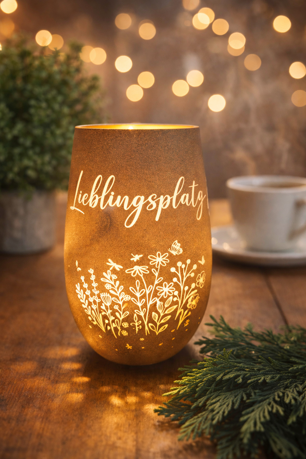 Windlicht Lieblingsplatz – Blumenmotiv, 12 cm, Weiß & Bronze
