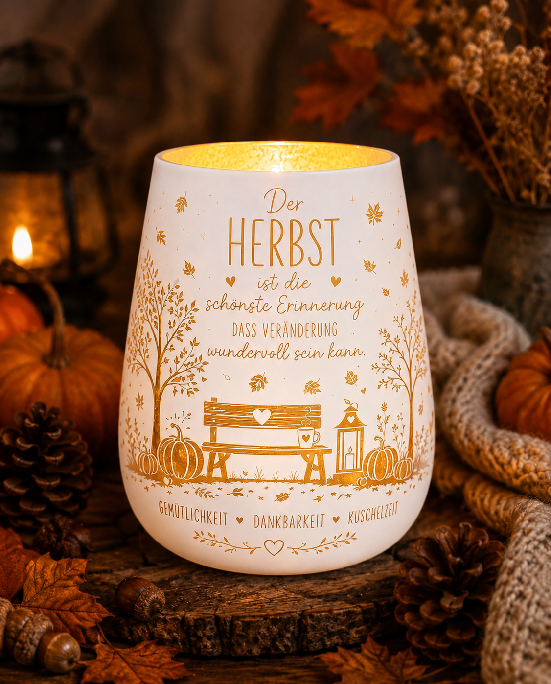 Windlicht Herbst mit Spruch – Herbstdeko Schwarz oder Weiß