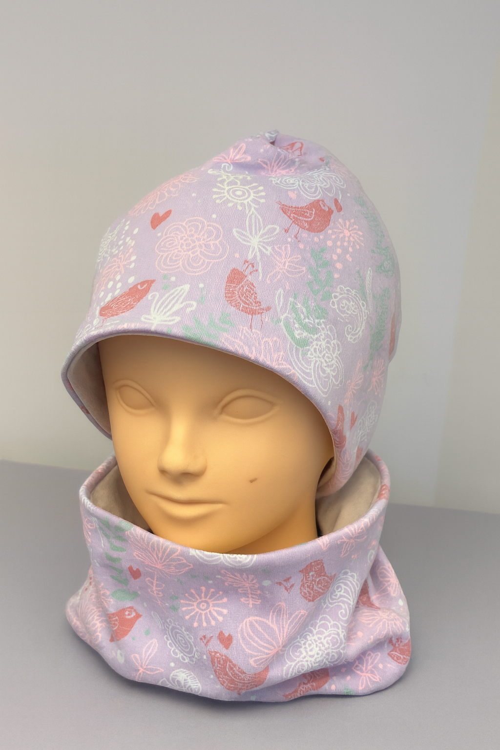 Kinder Beanie & Loop Set flieder mit Vogel- & Blumenprint –  Baumwolljersey (3–5 Jahre)