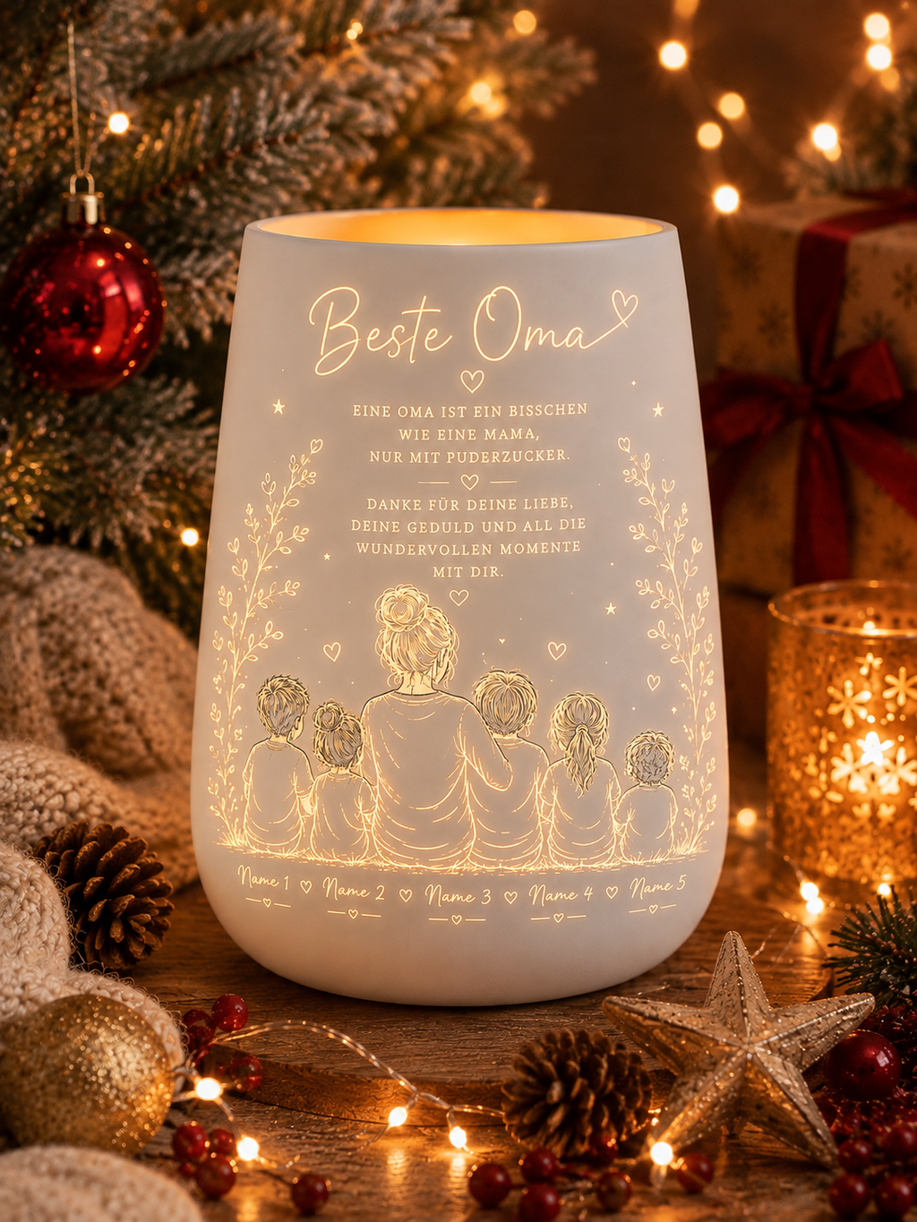 Weihnachtsgeschenk Oma – personalisiertes Windlicht mit Enkelkindern | Geschenk für Oma Weihnachten | Beste Oma Geschenk