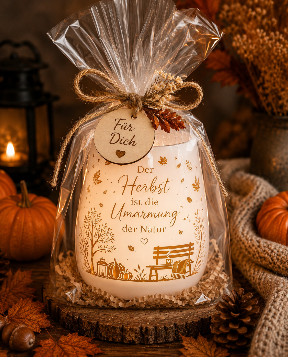 Windlicht Herbst „Umarmung der Natur“ | Herbstdeko mit Spruch | Schwarz oder Weiß