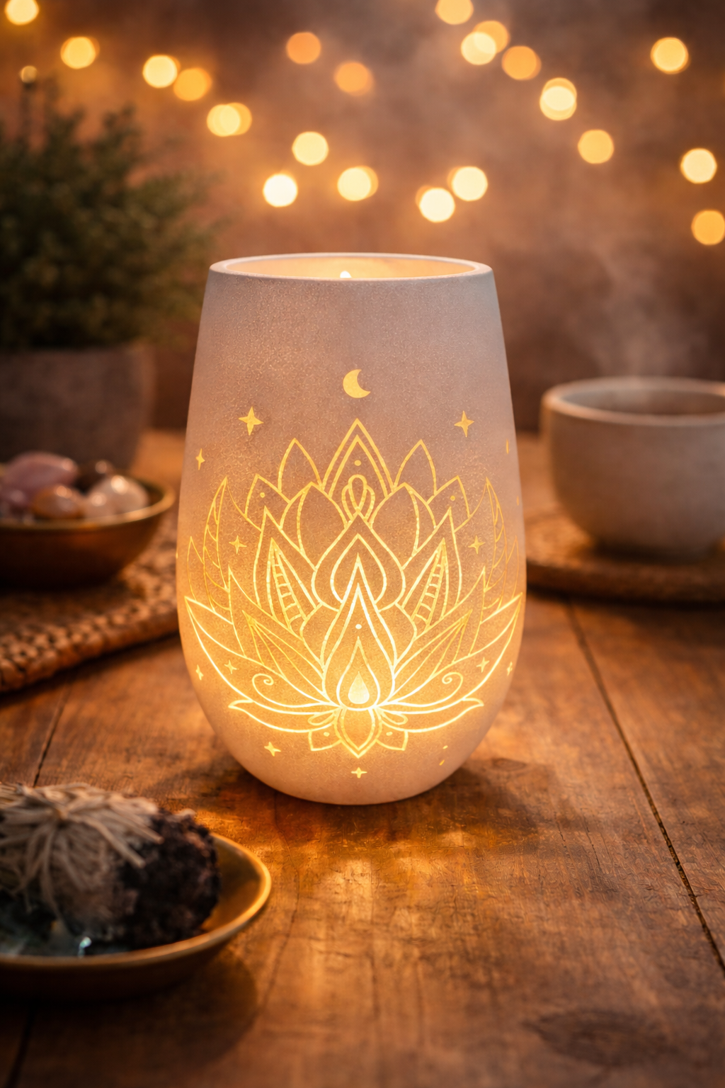 Windlicht Mandala – Lotus, Mond & Sterne, 12 cm, Weiß & Bronze