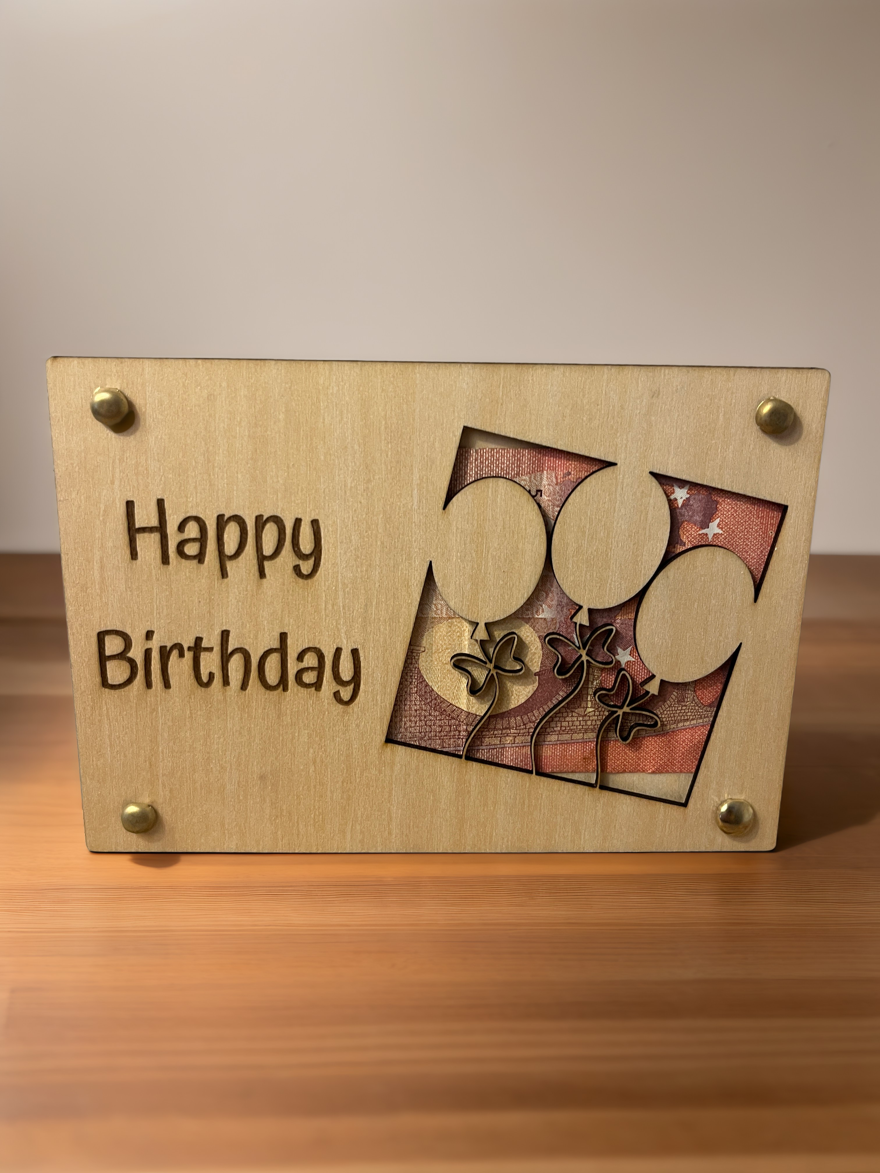 Geldgeschenk Holzkarte Happy Birthday – Ballons