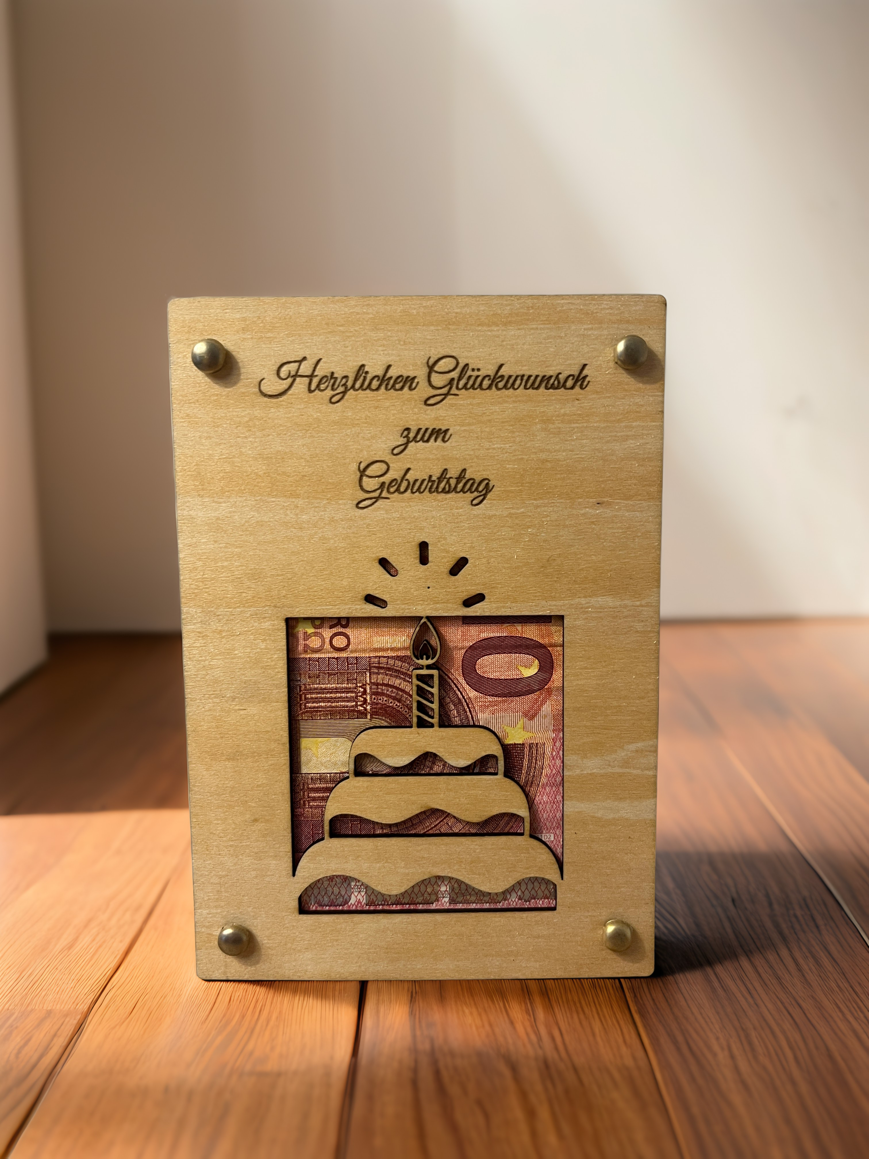Geldgeschenk Holzkarte Geburtstag – Torte mit Kerze