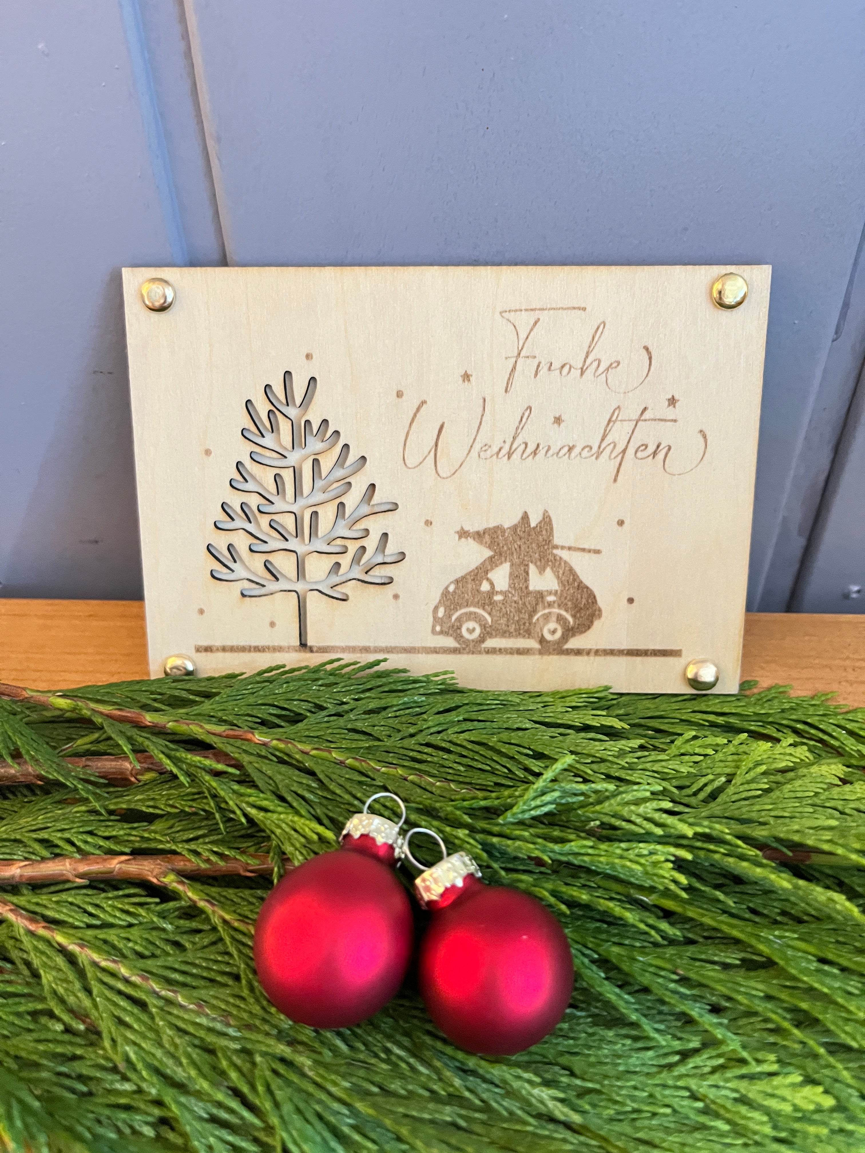 Geldgeschenkkarte Weihnachten Holz | Motiv Auto mit Tannenbaum | 10x15 cm